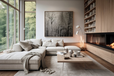 Modern style interior living room warm Scandinavian and cozy with wooden decoration, Cozy beige tone stylish, furniture, comfortable bed, Minimal decor design background.の素材