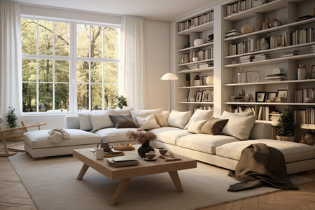 Modern style interior living room warm Scandinavian and cozy with wooden decoration, Cozy beige tone stylish, furniture, comfortable bed, Minimal decor design background.の素材