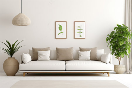 Modern style interior living room warm Scandinavian and cozy with wooden decoration, Cozy beige tone stylish, furniture, comfortable bed, Minimal decor design background.の素材