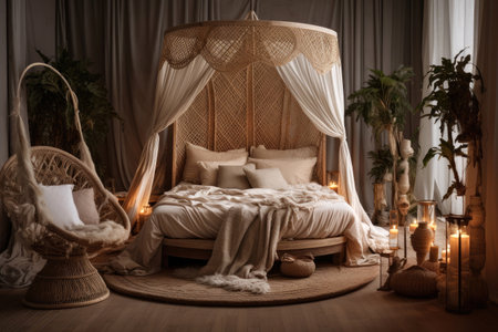 Bedroom interior decoration with rattan bohemian-style, warm tone, natural wooden in minimal design concept.の素材