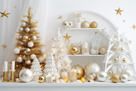 Luxury Christmas background with gift box, ornament decorations and white golden warm tone, happy new year celebration, festive design scene.の素材