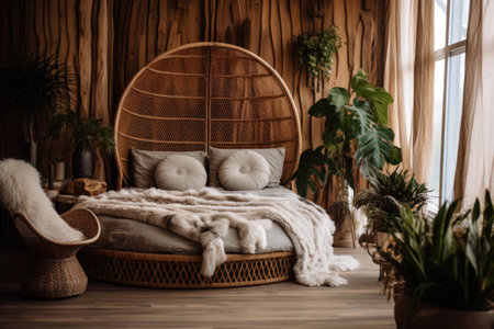 Bedroom interior decoration with rattan bohemian-style, warm tone, natural wooden in minimal design concept.の素材