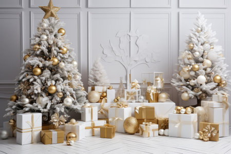 Luxury Christmas background with gift box, ornament decorations and white golden warm tone, happy new year celebration, festive design scene.の素材