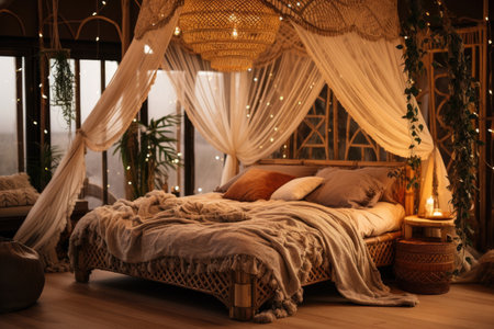 Bedroom interior decoration with rattan bohemian-style, warm tone, natural wooden in minimal design concept.の素材