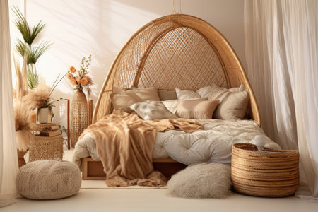 Bedroom interior decoration with rattan bohemian-style, warm tone, natural wooden in minimal design concept.の素材