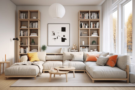 Modern style interior living room warm Scandinavian and cozy with wooden decoration, Cozy beige tone stylish, furniture, comfortable bed, Minimal decor design background.の素材