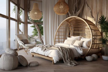 Bedroom interior decoration with rattan bohemian-style, warm tone, natural wooden in minimal design concept.の素材