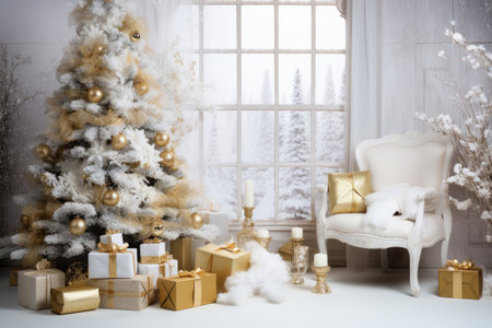 Luxury Christmas background with gift box, ornament decorations and white golden warm tone, happy new year celebration, festive design scene.の素材