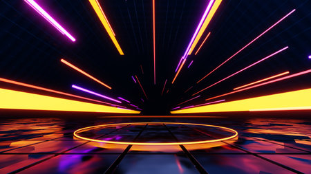 3d abstract technology glowing neon fast speed light background, empty space scene, reflection floor, virtual reality, cyber space futuristic sci-fi background, motion line high speed for mock up.の写真素材
