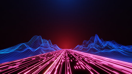 3d abstract technology glowing neon fast speed light background, empty space scene, reflection floor, virtual reality, cyber space futuristic sci-fi background, motion line high speed for mock up.の写真素材