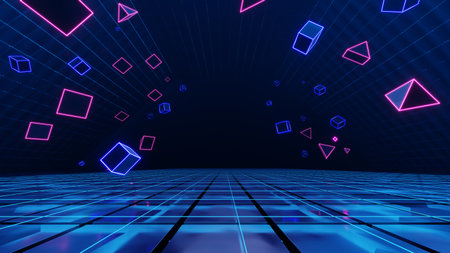 3d abstract technology glowing neon fast speed light background, empty space scene, reflection floor, virtual reality, cyber space futuristic sci-fi background, motion line high speed for mock up.の写真素材