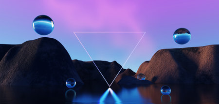 3d Render, Abstract Surreal pastel landscape background with arches and podium for showing product, panoramic view, Colorful dune scene with copy space, blue sky and cloudy, Minimalist decor designの写真素材