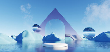 3d Render, Abstract Surreal pastel landscape background with arches and podium for showing product, panoramic view, Colorful dune scene with copy space, blue sky and cloudy, Minimalist decor designの写真素材