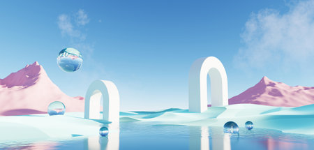 3d Render, Abstract Surreal pastel landscape background with arches and podium for showing product, panoramic view, Colorful dune scene with copy space, blue sky and cloudy, Minimalist decor designの写真素材