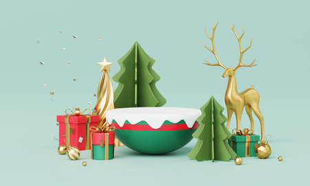 Christmas backgrounds with podium stage platform in minimal New year event theme. Merry Christmas scene for product display mock up banner. Empty stand pedestal decor in Xmas winter scene. 3D render.の写真素材