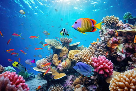 Underwater with colorful sea life fishes and plant at seabed background, Colorful Coral reef landscape in the deep of ocean. Marine life concept, Underwater world scene.の素材
