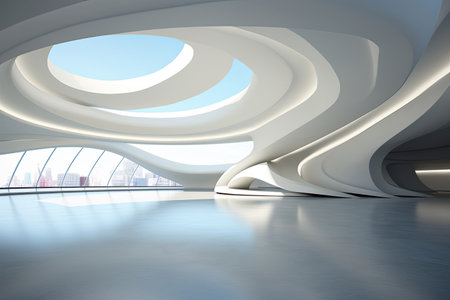 Abstract Architecture modern design. White contemporary and minimalist architecture building with empty interior, empty floor area.の素材