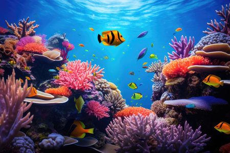 Underwater with colorful sea life fishes and plant at seabed background, Colorful Coral reef landscape in the deep of ocean. Marine life concept, Underwater world scene.の素材