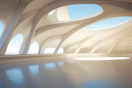 Abstract Architecture modern design. White contemporary and minimalist architecture building with empty interior, empty floor area.の素材