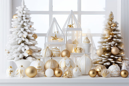 Luxury Christmas background with gift box, ornament decorations and white golden warm tone, happy new year celebration, festive design scene.の素材