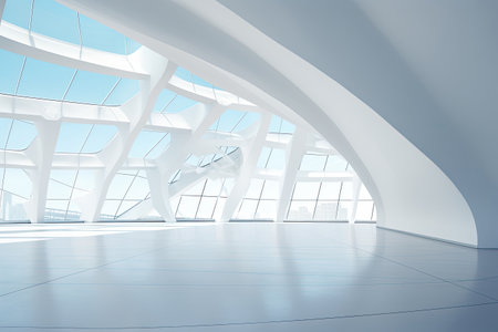 Abstract Architecture modern design. White contemporary and minimalist architecture building with empty interior, empty floor area.の素材