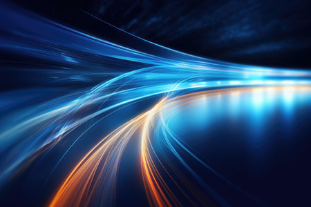 Modern abstract dynamic motion light trails. Futuristic, technology, neon lines going up, virtual reality.の素材