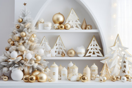 Luxury Christmas background with gift box, ornament decorations and white golden warm tone, happy new year celebration, festive design scene.の素材