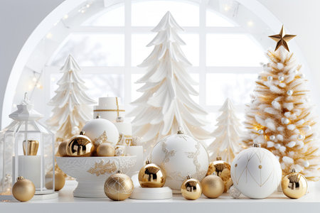Luxury Christmas background with gift box, ornament decorations and white golden warm tone, happy new year celebration, festive design scene.の素材