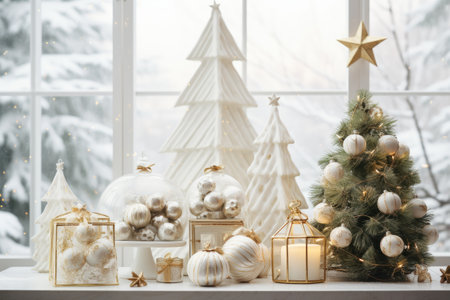 Luxury Christmas background with gift box, ornament decorations and white golden warm tone, happy new year celebration, festive design scene.の素材