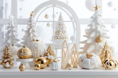 Luxury Christmas background with gift box, ornament decorations and white golden warm tone, happy new year celebration, festive design scene.の素材