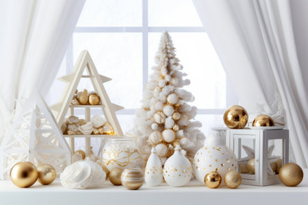 Luxury Christmas background with gift box, ornament decorations and white golden warm tone, happy new year celebration, festive design scene.の素材