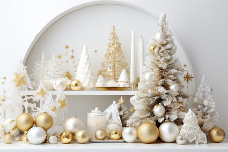 Luxury Christmas background with gift box, ornament decorations and white golden warm tone, happy new year celebration, festive design scene.の素材