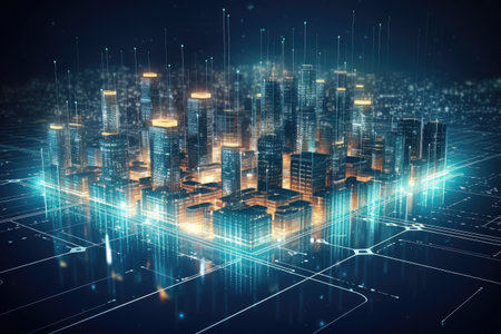 Futuristic city technology with digital glowing light reflection, smart modern mega city, neon technology background, Night life Smart futuristic city big data technology concept.の素材