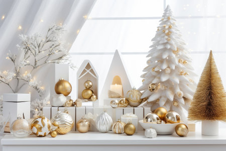Luxury Christmas background with gift box, ornament decorations and white golden warm tone, happy new year celebration, festive design scene.の素材