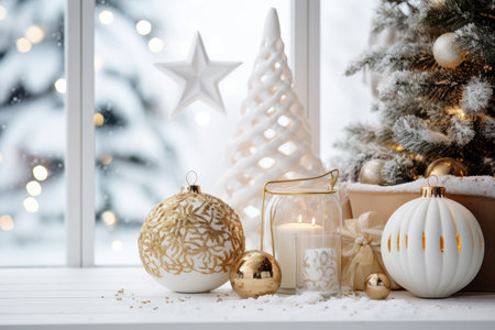 Luxury Christmas background with gift box, ornament decorations and white golden warm tone, happy new year celebration, festive design scene.の素材