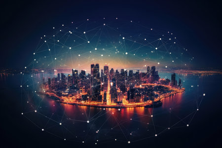 Futuristic city technology with digital glowing light reflection, smart modern mega city, neon technology background, Night life Smart futuristic city big data technology concept.の素材