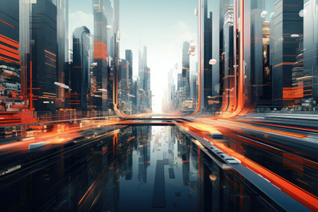 Futuristic city technology with digital glowing light reflection, smart modern mega city, neon technology background, Night life Smart futuristic city big data technology concept.の素材