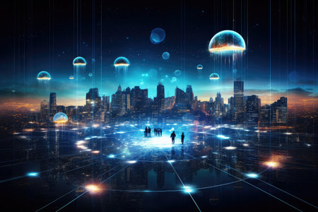 Futuristic city technology with digital glowing light reflection, smart modern mega city, neon technology background, Night life Smart futuristic city big data technology concept.の素材