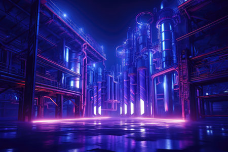 Futuristic industrial factory at night scene with glowing neon light background. Automatic production Hi-tech electric vehicles. High production efficiency.の素材