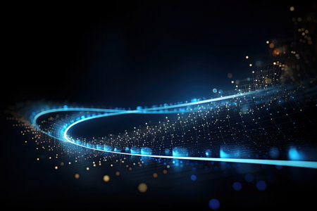 Modern abstract dynamic motion light trails. Futuristic, technology, neon lines growing up, virtual reality.の素材