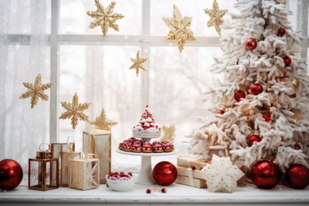 Luxury Christmas background with gift box, ornament decorations and white golden warm tone, happy new year celebration, festive design scene.の素材