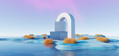 3d Render, Abstract Surreal pastel landscape background with arches and podium for showing product, panoramic view, Colorful dune scene with copy space, blue sky and cloudy, Minimalist decor designの写真素材
