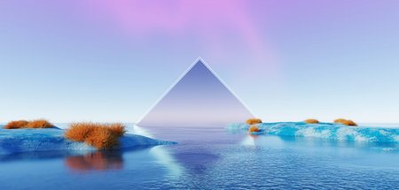 3d Render, Abstract Surreal pastel landscape background with arches and podium for showing product, panoramic view, Colorful dune scene with copy space, blue sky and cloudy, Minimalist decor designの写真素材