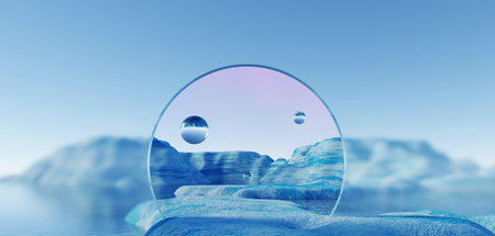 3d Render, Abstract Surreal pastel landscape background with arches and podium for showing product,...