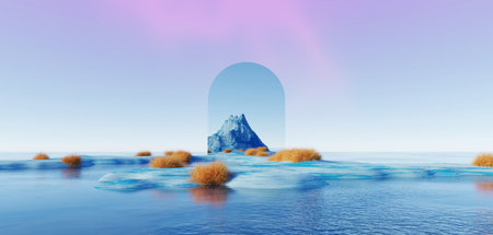 3d Render, Abstract Surreal pastel landscape background with arches and podium for showing product, panoramic view, Colorful dune scene with copy space, blue sky and cloudy, Minimalist decor designの写真素材