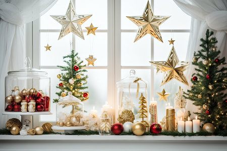 Christmas holiday background decorate with gift boxes, tree and ornaments, happy new year celebration, festive design scene.の素材