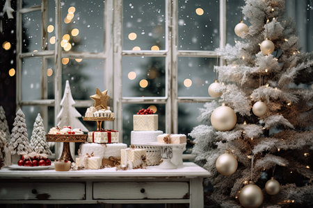 Christmas holiday background decorate with gift boxes, tree and ornaments, happy new year celebration, festive design scene.の素材