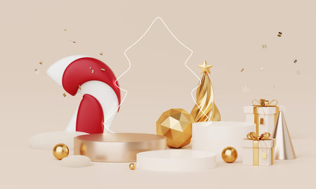 Christmas backgrounds with podium stage platform in minimal New year event theme. Merry Christmas scene for product display mock up banner. Empty stand pedestal decor in Xmas winter scene. 3D render.の写真素材