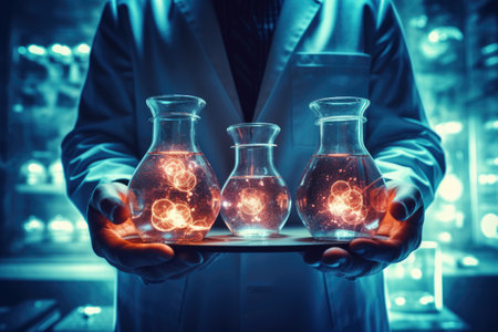 Medical Research Laboratory with test tubes in rack and flask chemical background, science research and development concept.の素材