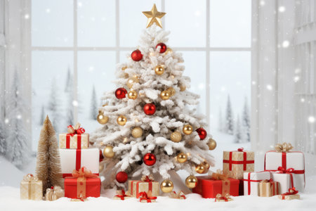 Luxury Cozy warm Christmas background with gift box, ornament decorations and white golden warm tone, happy new year celebration, festive design scene.の素材